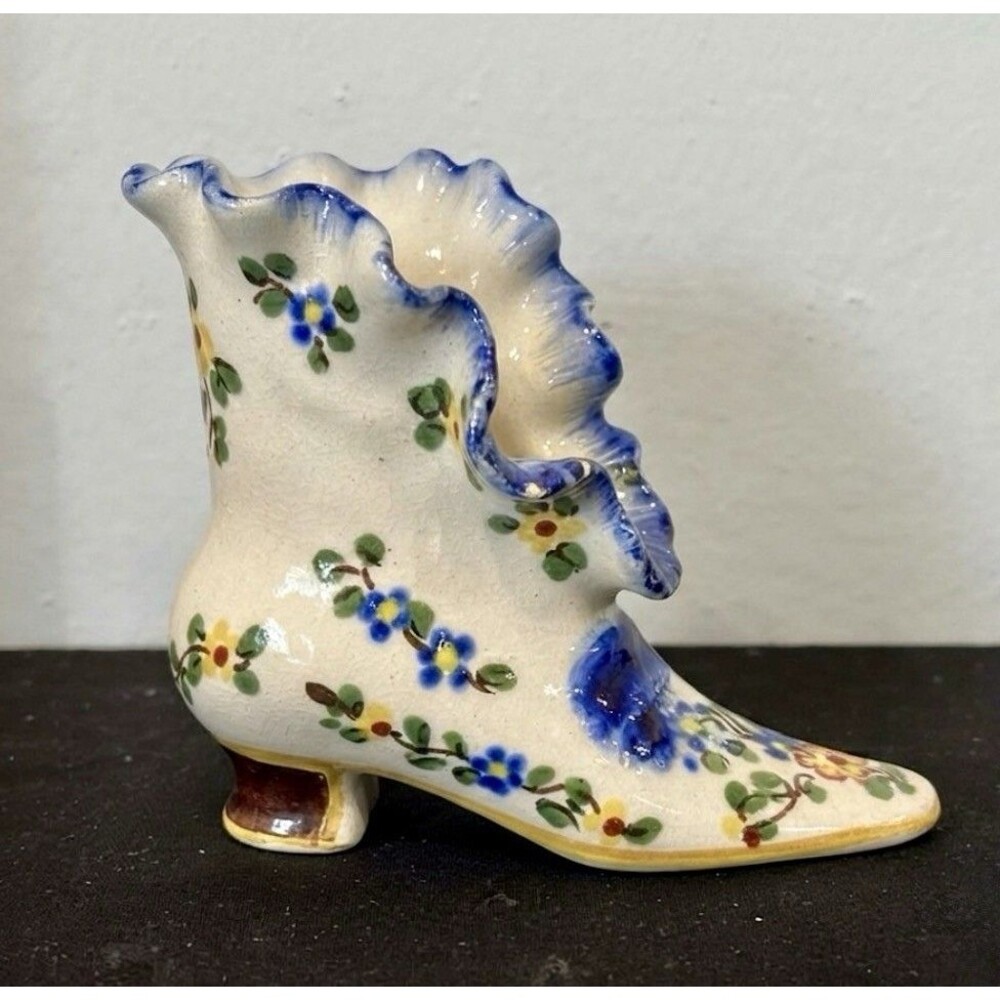 Vintage Italian Ceramic Boot Figural Vase Hand-Painted Floral Blue Ruffle